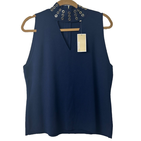 NEW Michael Kors Gold Logo Keyhole Neckline Sleeveless Navy Blue XL $130 A37 - Picture 1 of 8